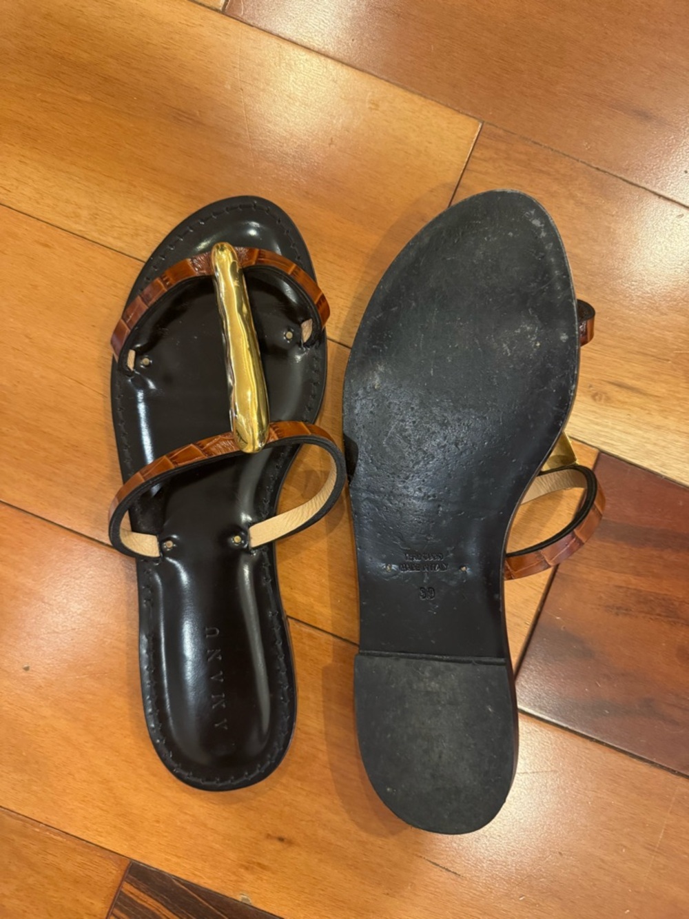 Amanu Sahara Black Sandals with Gold Accent and Tortoiseshell Strap - Picture 2 of 3
